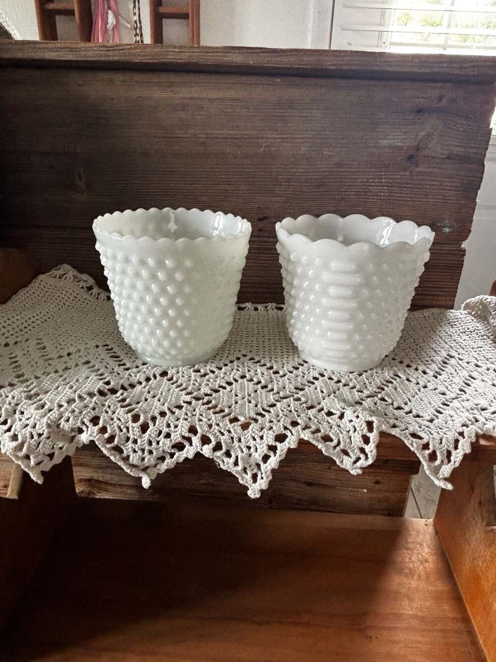 Fire King Hobnail Milk Glass Planter White Scalloped Edge Set of 2